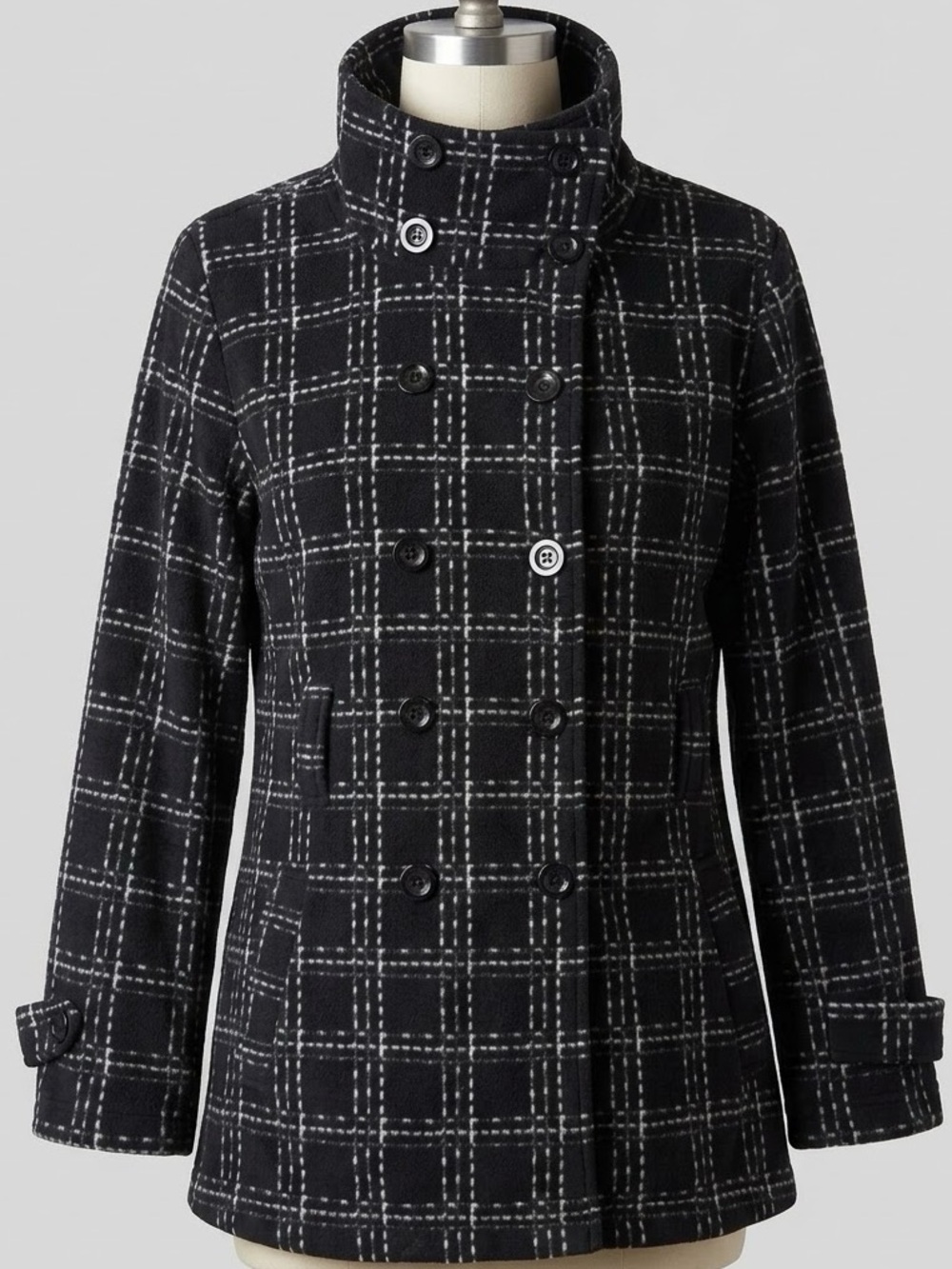 Lady Hathaway Fleece Peacoat Jacket XL Black White Plaid Button Front Mid